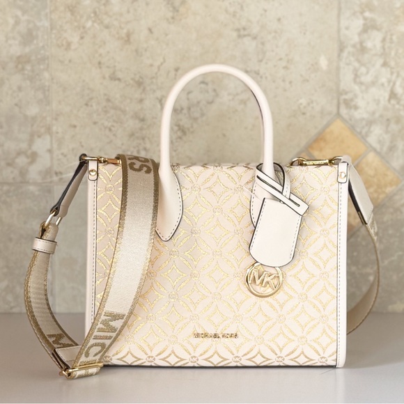 Michael Kors Mirella SM Tote Shoulder Bag Graphic Logo Glitter Gold/Light Cream - Picture 1 of 16